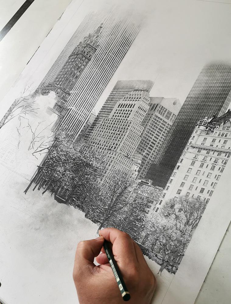 New-York, graphite pencils, 40 x 55 cm, Xavier POUGNON