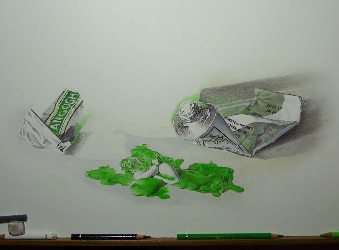 Cup &#38; brushes (in progress 3), colored pencils