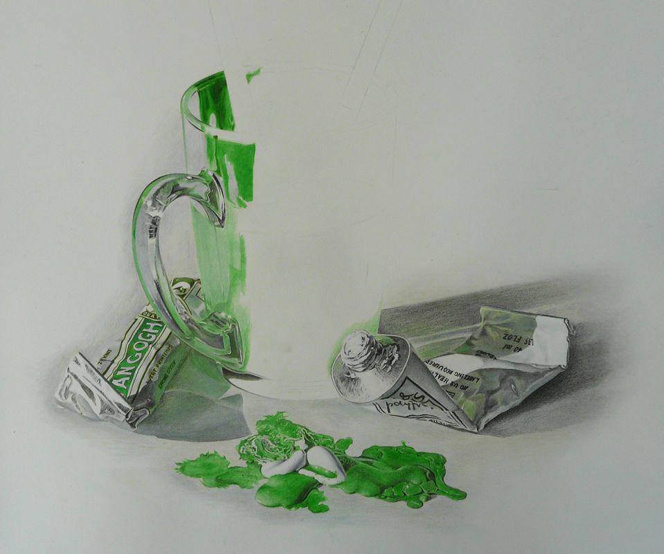 Cup &#38; brushes (in progress 4), colored pencils