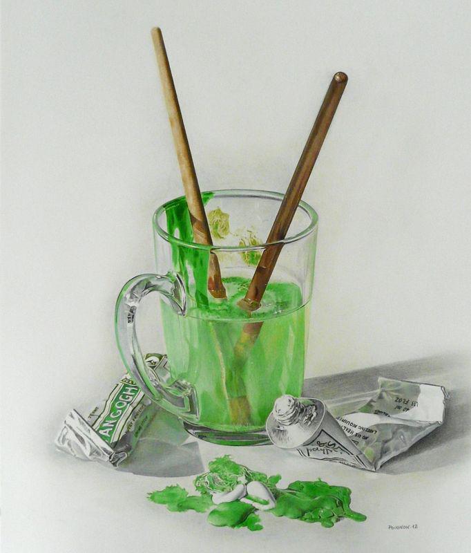 Cup &#38; brushes, 50x60 cm, colored pencils