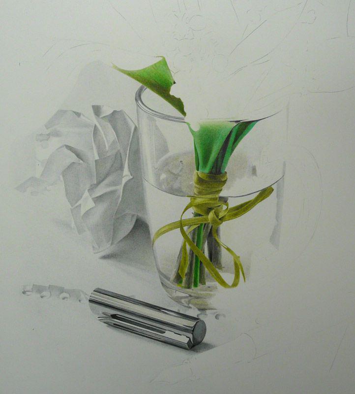 Cup &#38; lily of the valley (in progress 3), colored pencils