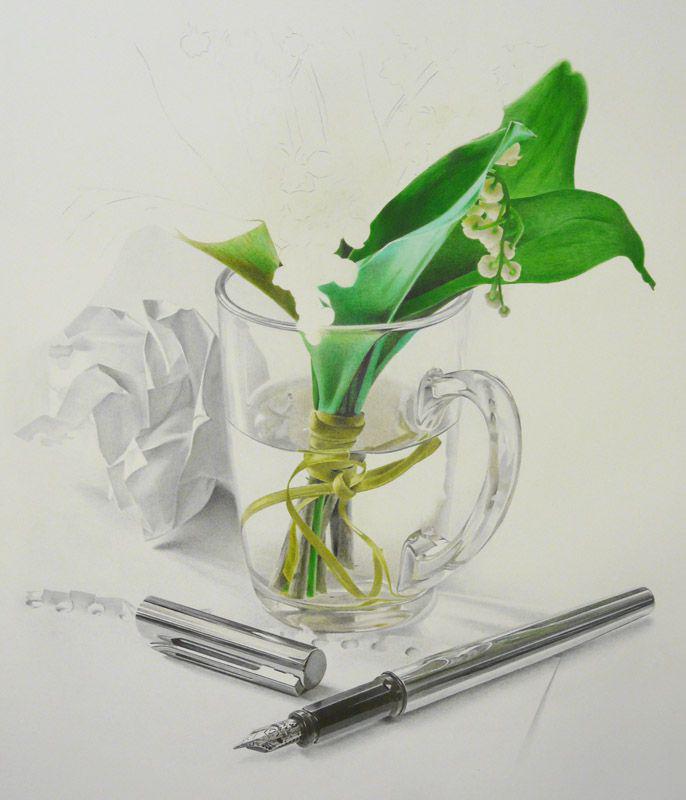 Cup &#38; lily of the valley (in progress 5), colored pencils