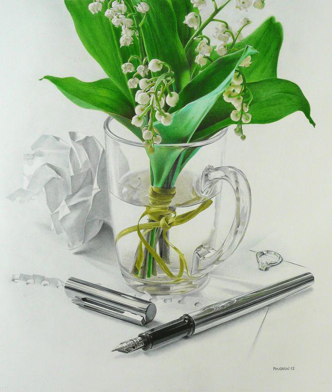 Cup &#38; lily of the valley, 50x60 cm, colored pencils