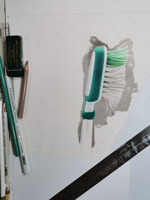 Toothbrush (in progress 1), colored pencils